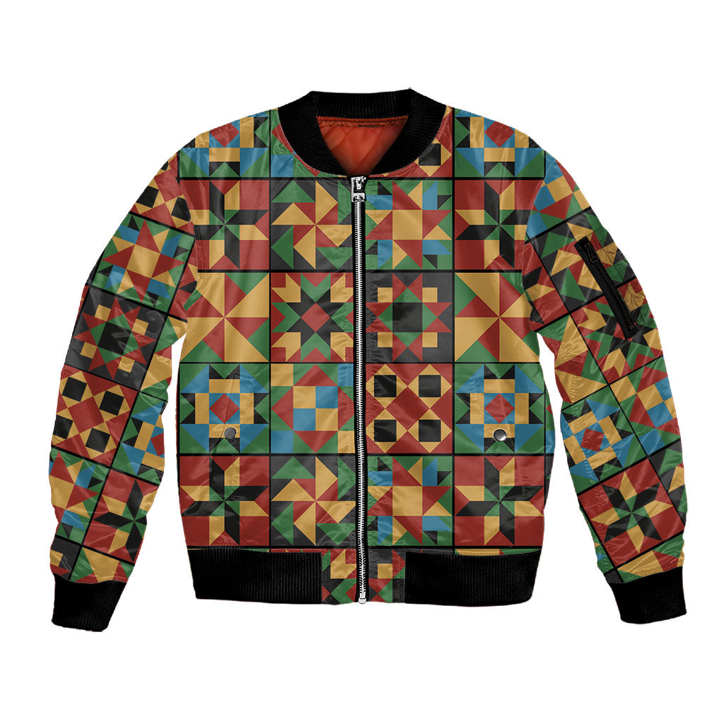 African American Quilt Inspired Sleeve Zip Bomber Jacket Freedom Quilt Symbolic Patchwork