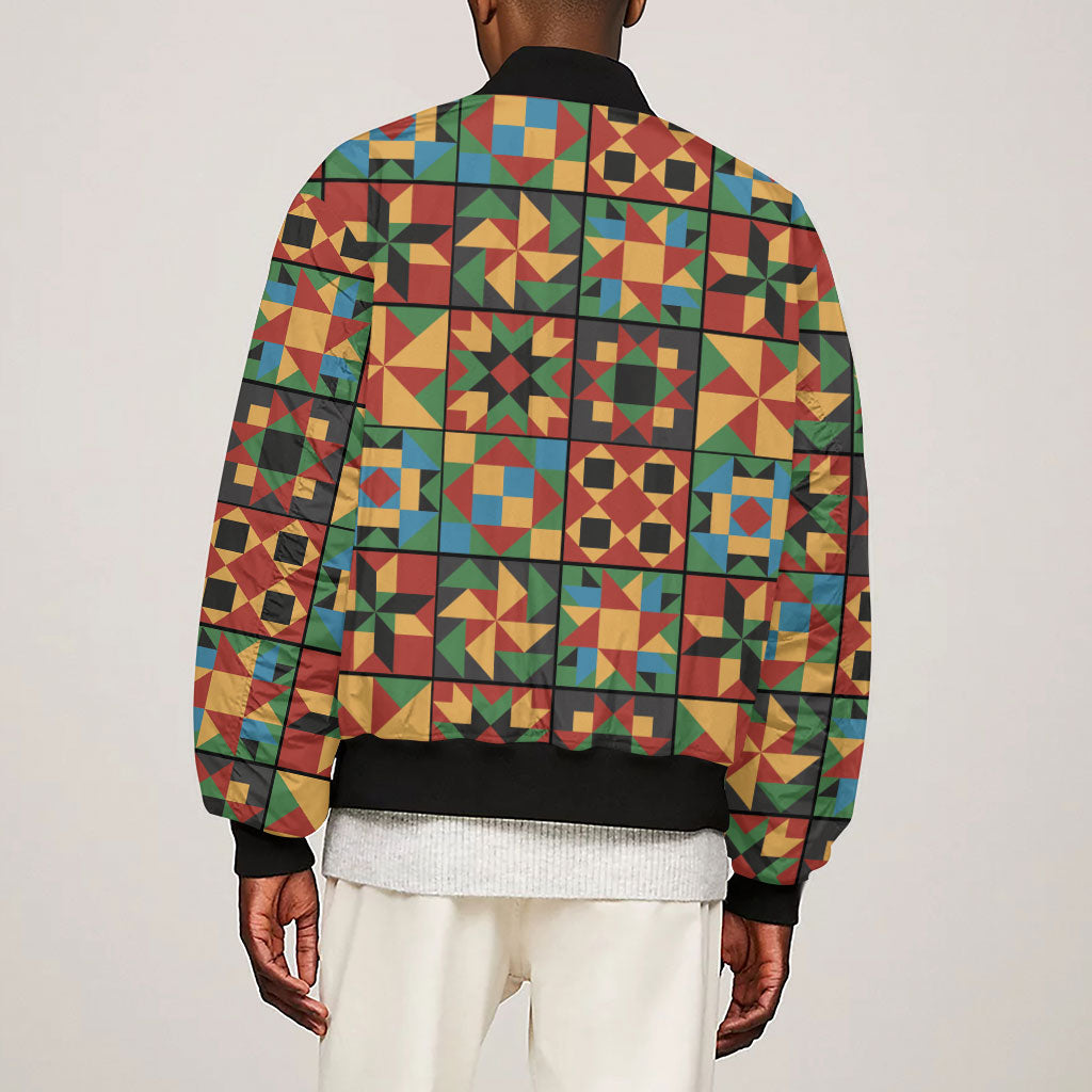 African American Quilt Inspired Sleeve Zip Bomber Jacket Freedom Quilt Symbolic Patchwork