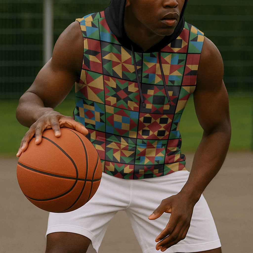 African American Quilt Inspired Sleeveless Hoodie Freedom Quilt Symbolic Patchwork