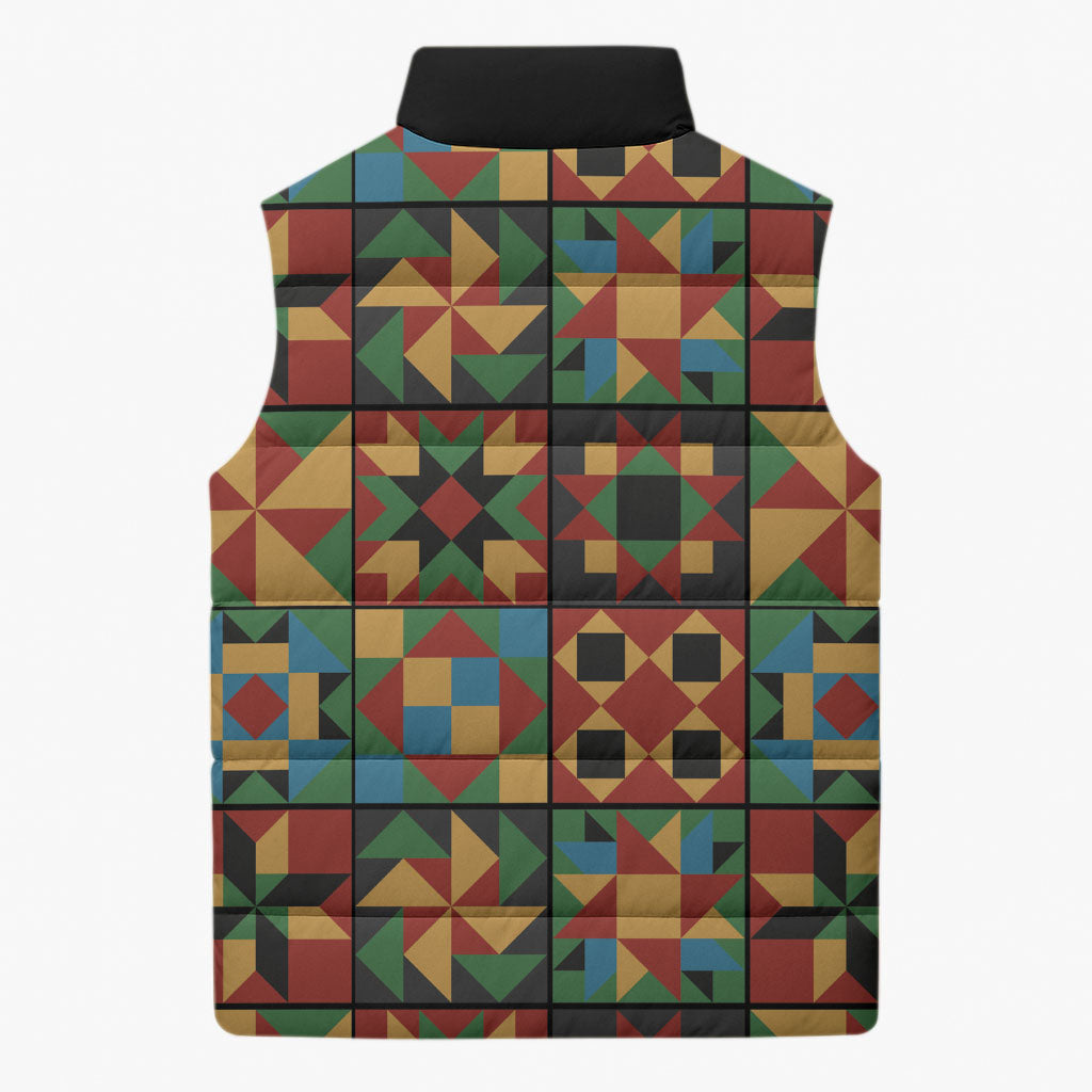 African American Quilt Inspired Sleeveless Puffer Jacket Freedom Quilt Symbolic Patchwork