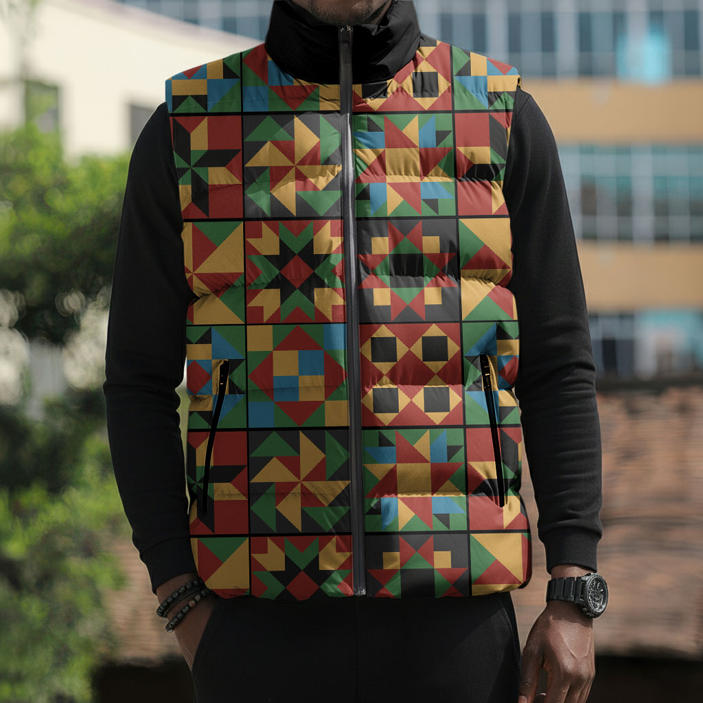 African American Quilt Inspired Sleeveless Puffer Jacket Freedom Quilt Symbolic Patchwork