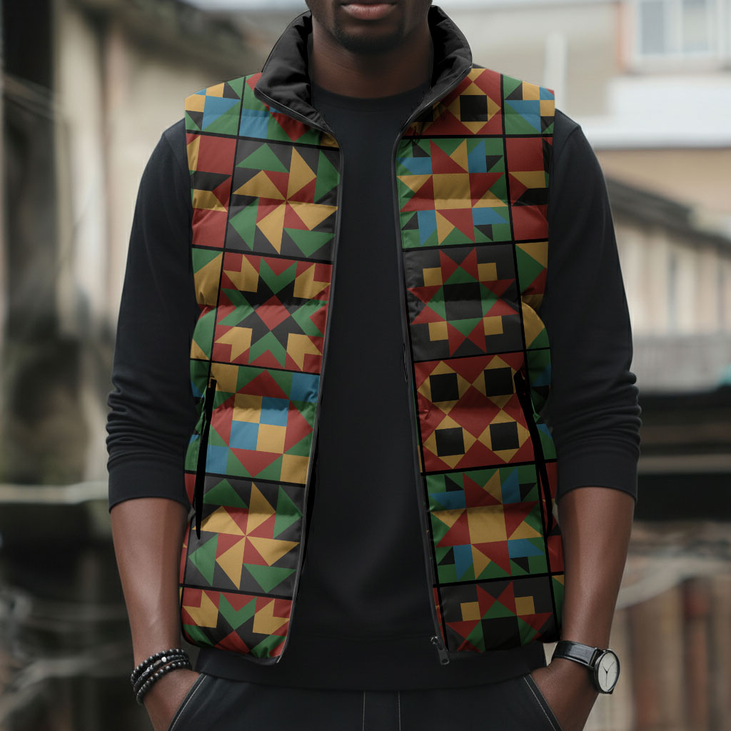 African American Quilt Inspired Sleeveless Puffer Jacket Freedom Quilt Symbolic Patchwork