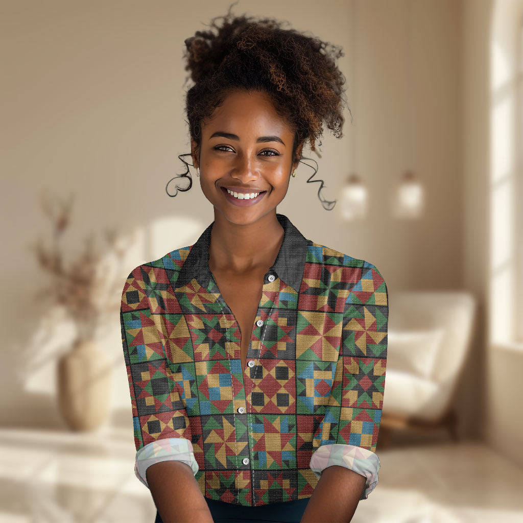 African American Quilt Inspired Women Casual Shirt Freedom Quilt Symbolic Patchwork
