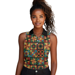African American Quilt Inspired Women Sleeveless Polo Shirt Freedom Quilt Symbolic Patchwork