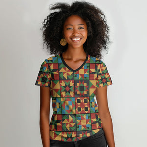 African American Quilt Inspired Women V-Neck T-Shirt Freedom Quilt Symbolic Patchwork