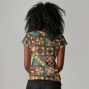 African American Quilt Inspired Women V-Neck T-Shirt Freedom Quilt Symbolic Patchwork