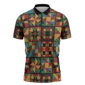 African American Quilt Inspired Zipper Polo Shirt Freedom Quilt Symbolic Patchwork