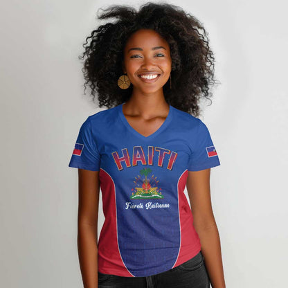 Afro-Haitians World Football 2026 Women V-Neck T-Shirt Haiti est de Retour Blue Voodoo Veve Spirits LT9