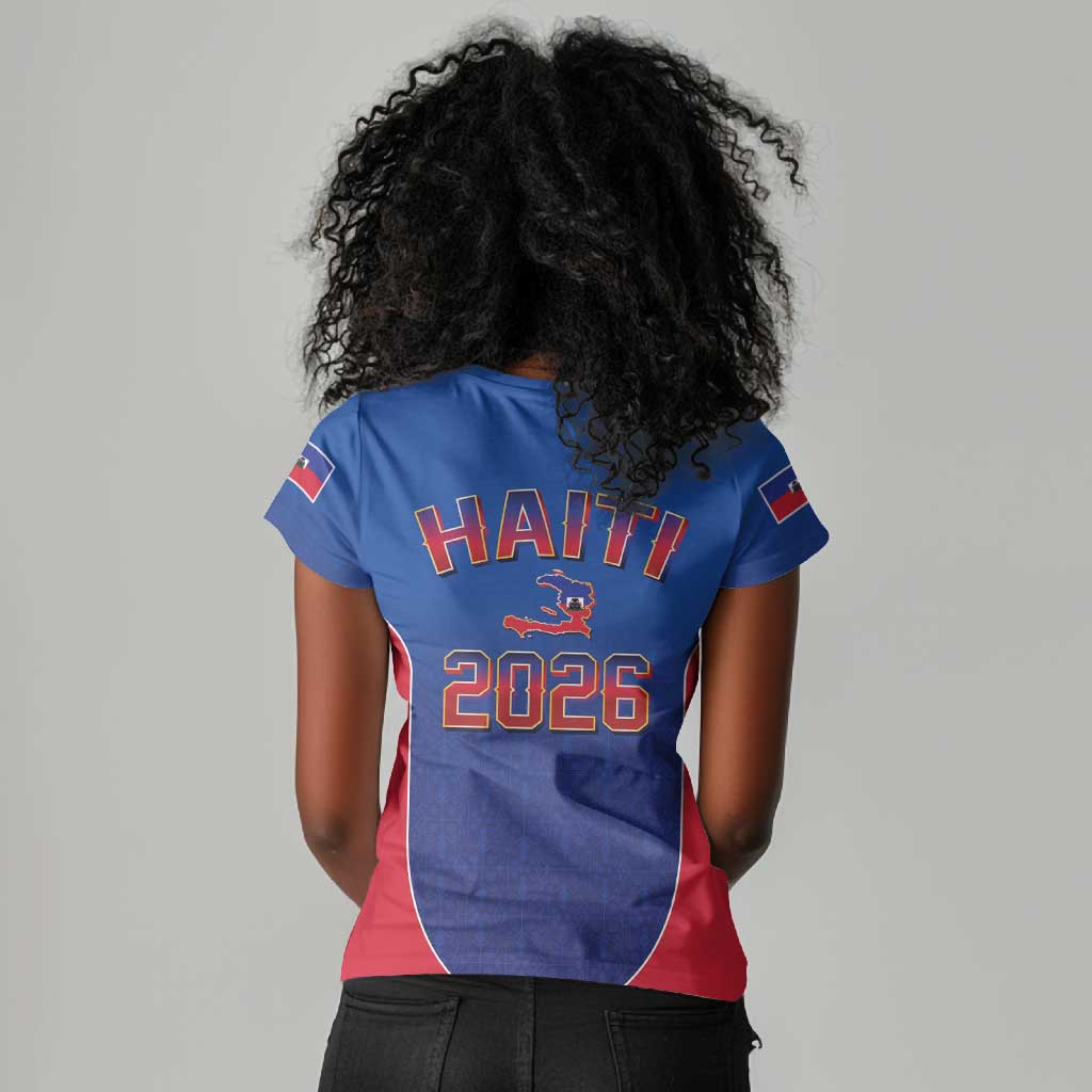 Afro-Haitians World Football 2026 Women V-Neck T-Shirt Haiti est de Retour Blue Voodoo Veve Spirits LT9