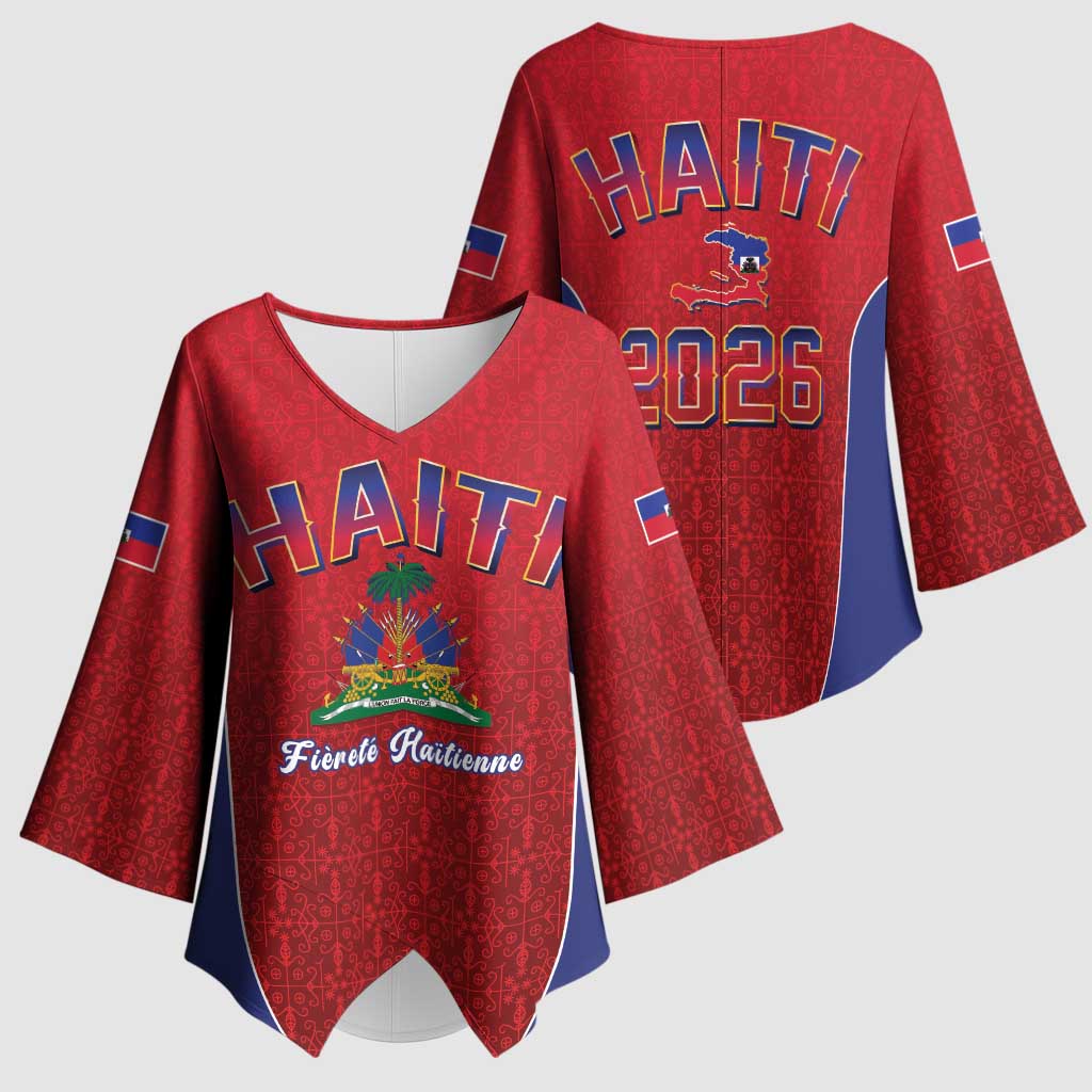 Afro-Haitians World Football 2026 Kimono Sleeve Blouse Haiti est de Retour Red Voodoo Veve Spirits