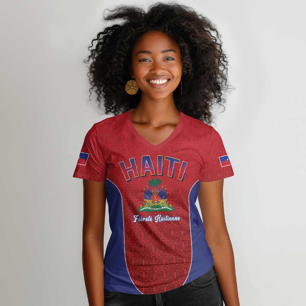 Afro-Haitians World Football 2026 Women V-Neck T-Shirt Haiti est de Retour Red Voodoo Veve Spirits LT9
