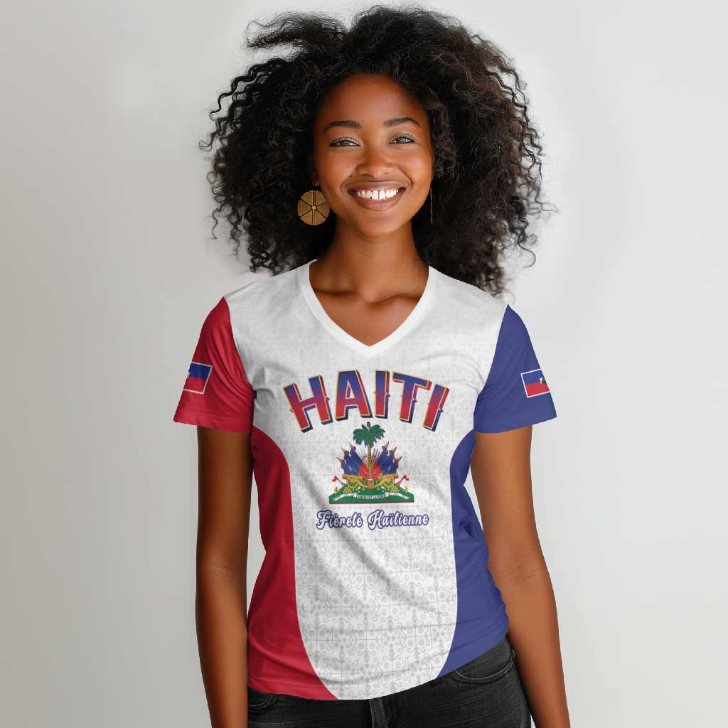 Afro-Haitians World Football 2026 Women V-Neck T-Shirt Haiti est de Retour White Voodoo Veve Spirits LT9