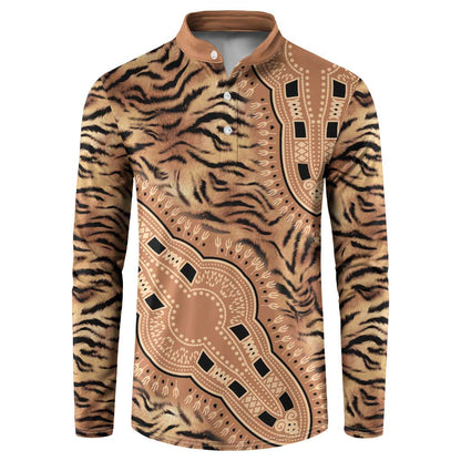 Africa Tiger Mix Dashiki Tribal Pattern Button Sweatshirt