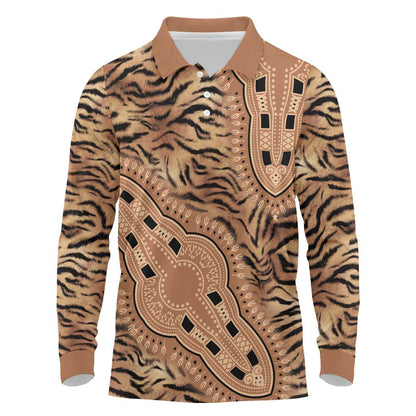 Afro Tiger Mix Dashiki Tribal Pattern Long Sleeve Polo Shirt