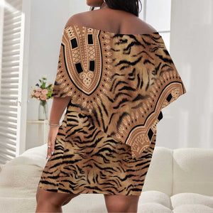 Afro Tiger Mix Dashiki Tribal Pattern Off Shoulder Short Dress