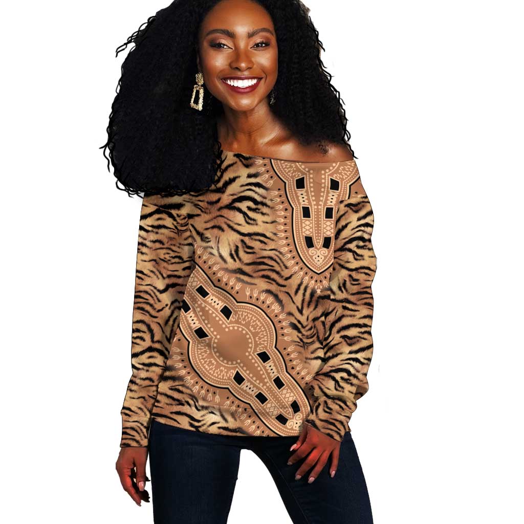 Afro Tiger Mix Dashiki Tribal Pattern Off Shoulder Sweater