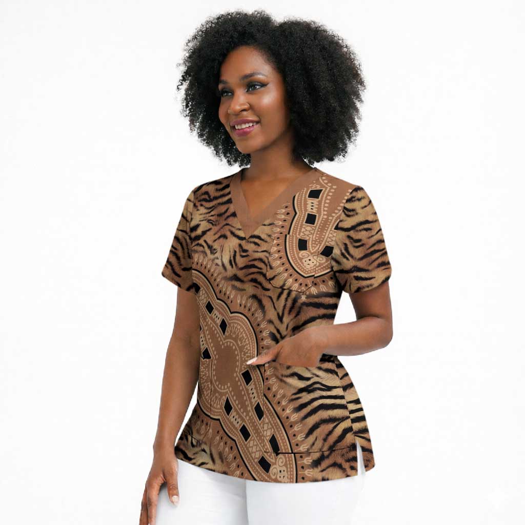 Africa Tiger Mix Dashiki Tribal Pattern Scrub Top