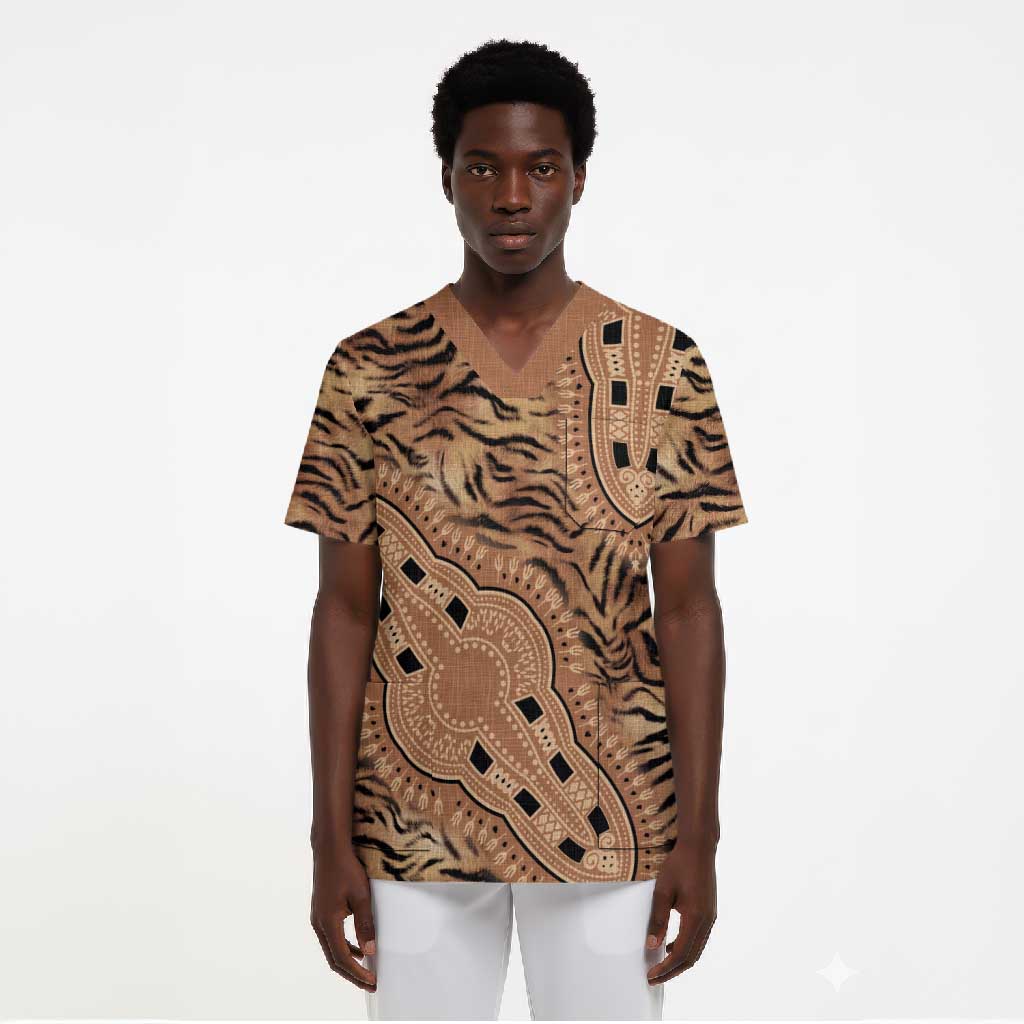 Africa Tiger Mix Dashiki Tribal Pattern Scrub Top