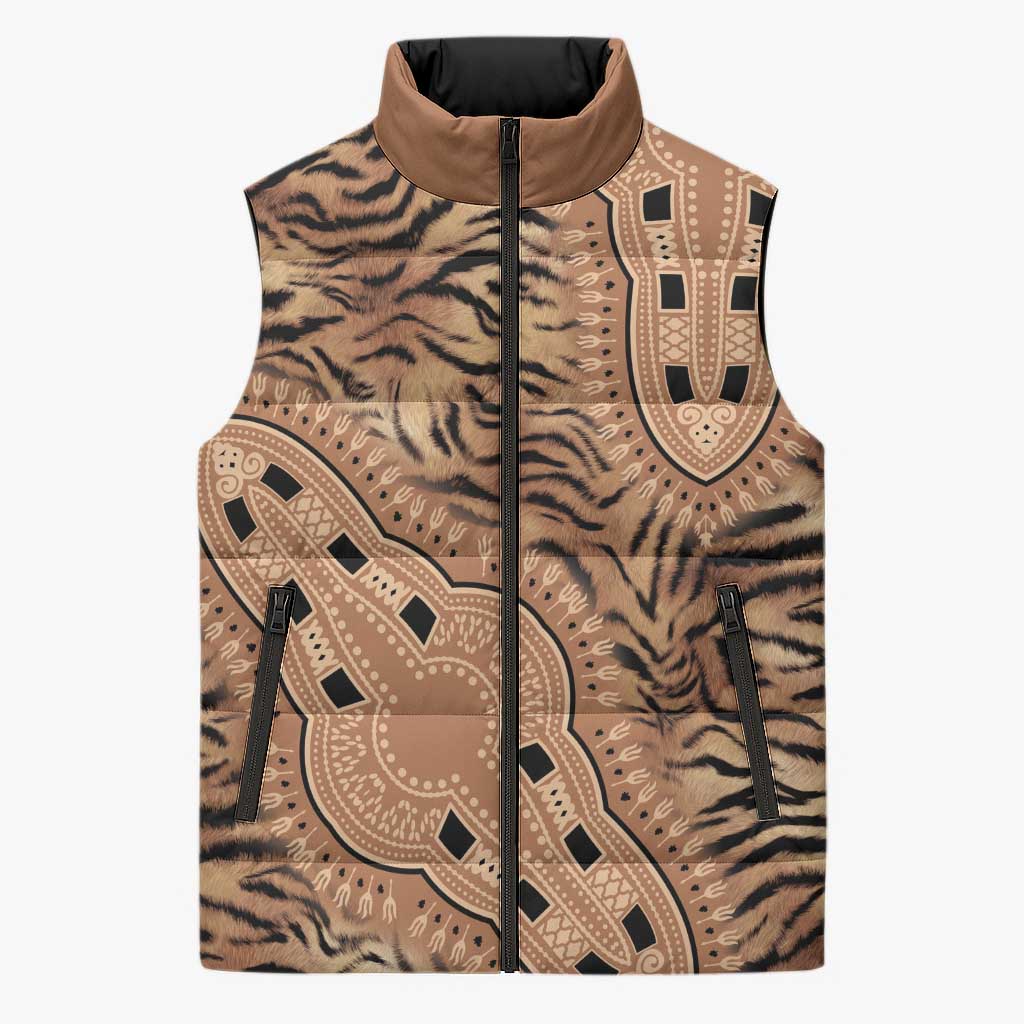 Africa Tiger Mix Dashiki Tribal Pattern Sleeveless Puffer Jacket