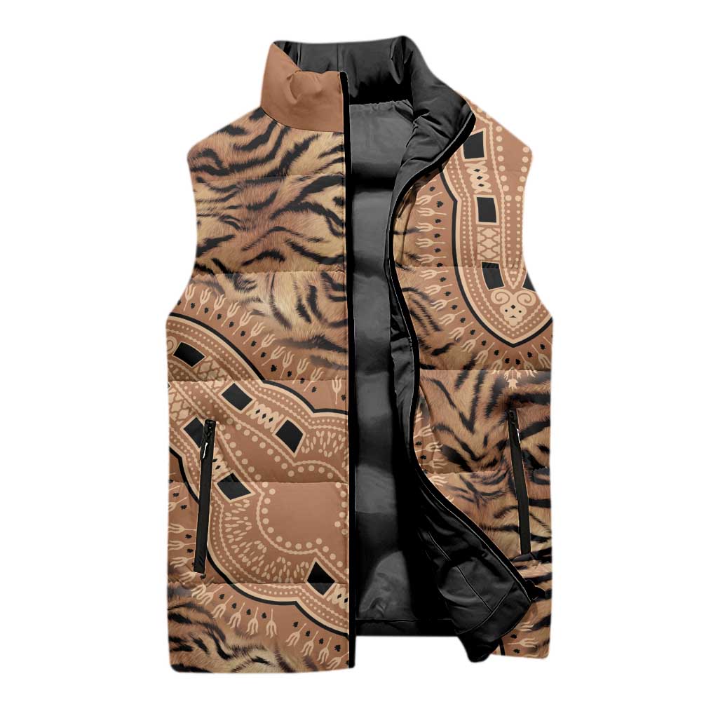 Africa Tiger Mix Dashiki Tribal Pattern Sleeveless Puffer Jacket