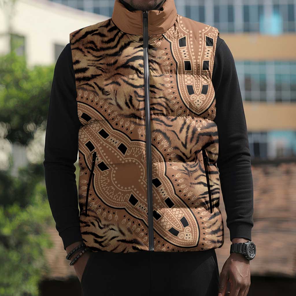 Africa Tiger Mix Dashiki Tribal Pattern Sleeveless Puffer Jacket