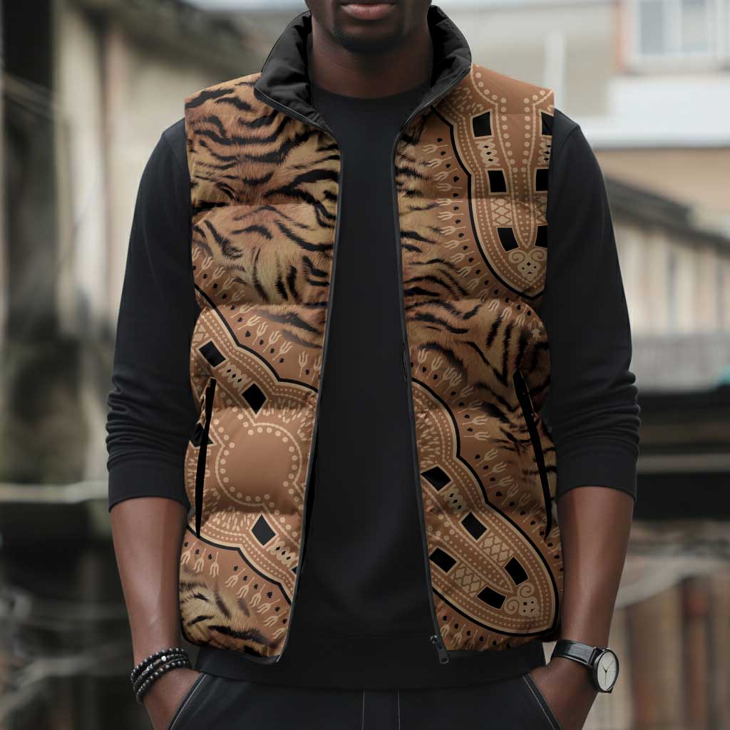 Africa Tiger Mix Dashiki Tribal Pattern Sleeveless Puffer Jacket