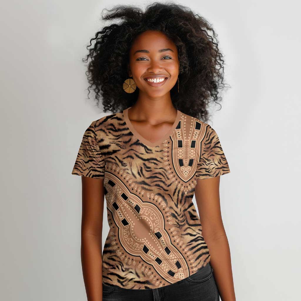 Afro Tiger Mix Dashiki Tribal Pattern Women V-Neck T-Shirt