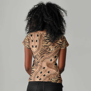 Afro Tiger Mix Dashiki Tribal Pattern Women V-Neck T-Shirt