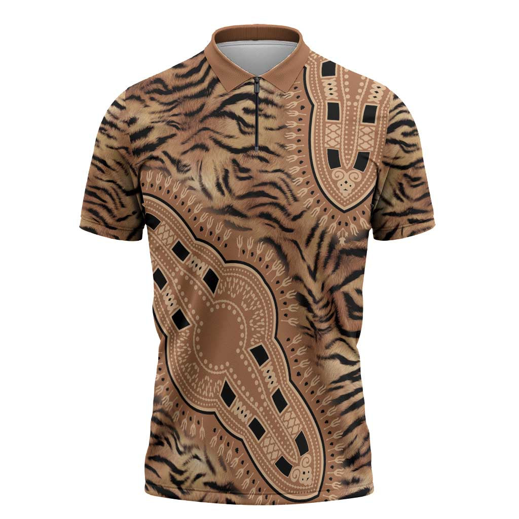 Africa Tiger Mix Dashiki Tribal Pattern Zipper Polo Shirt