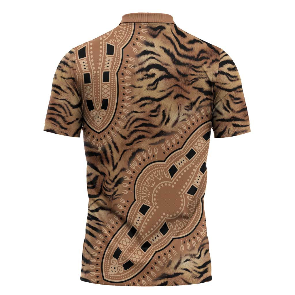Africa Tiger Mix Dashiki Tribal Pattern Zipper Polo Shirt