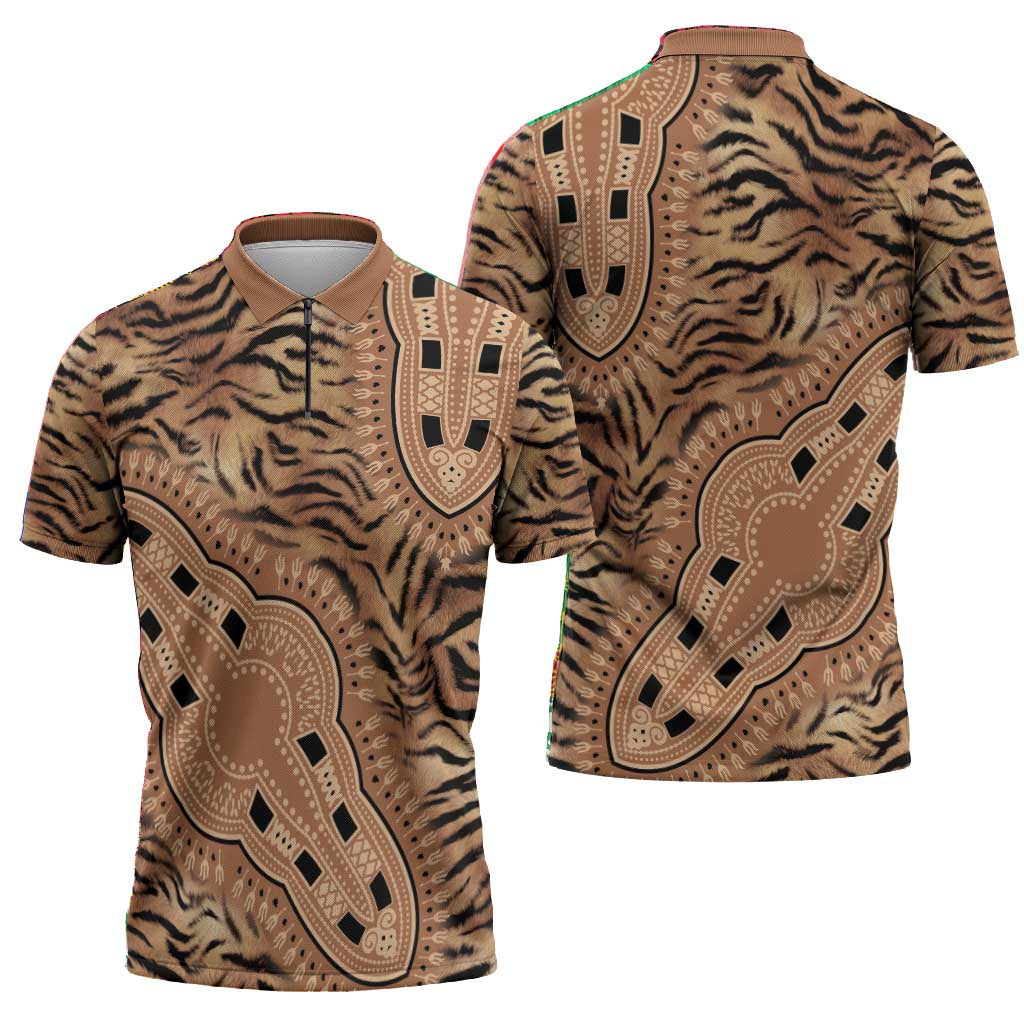 Africa Tiger Mix Dashiki Tribal Pattern Zipper Polo Shirt