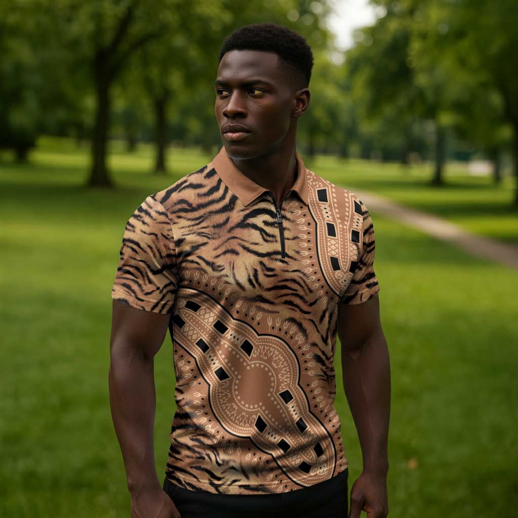 Africa Tiger Mix Dashiki Tribal Pattern Zipper Polo Shirt