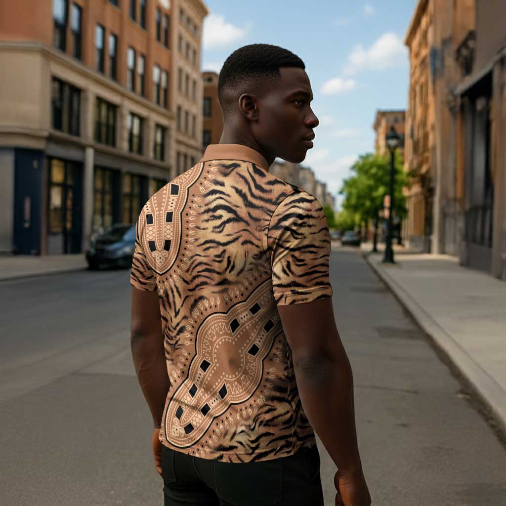 Africa Tiger Mix Dashiki Tribal Pattern Zipper Polo Shirt