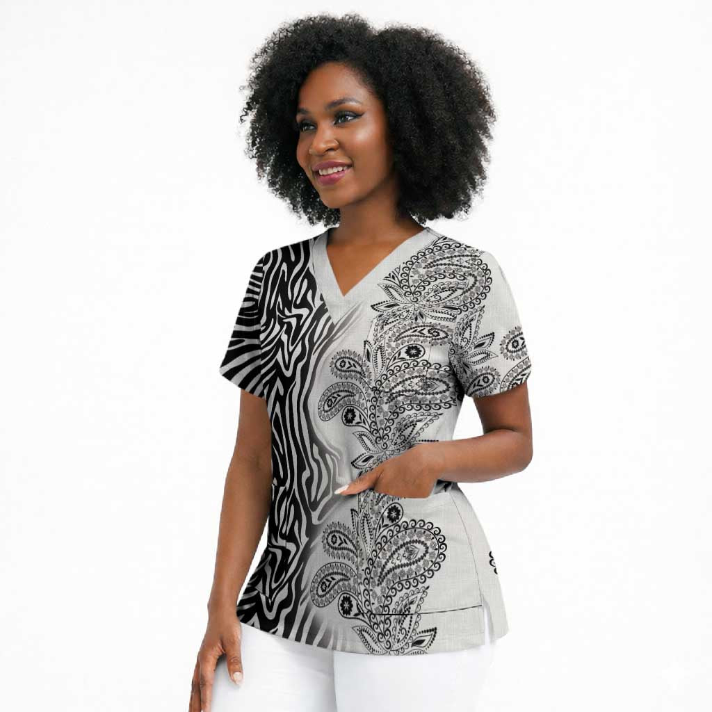 Africa Zebra Mix Paisley Tribal Pattern Scrub Top