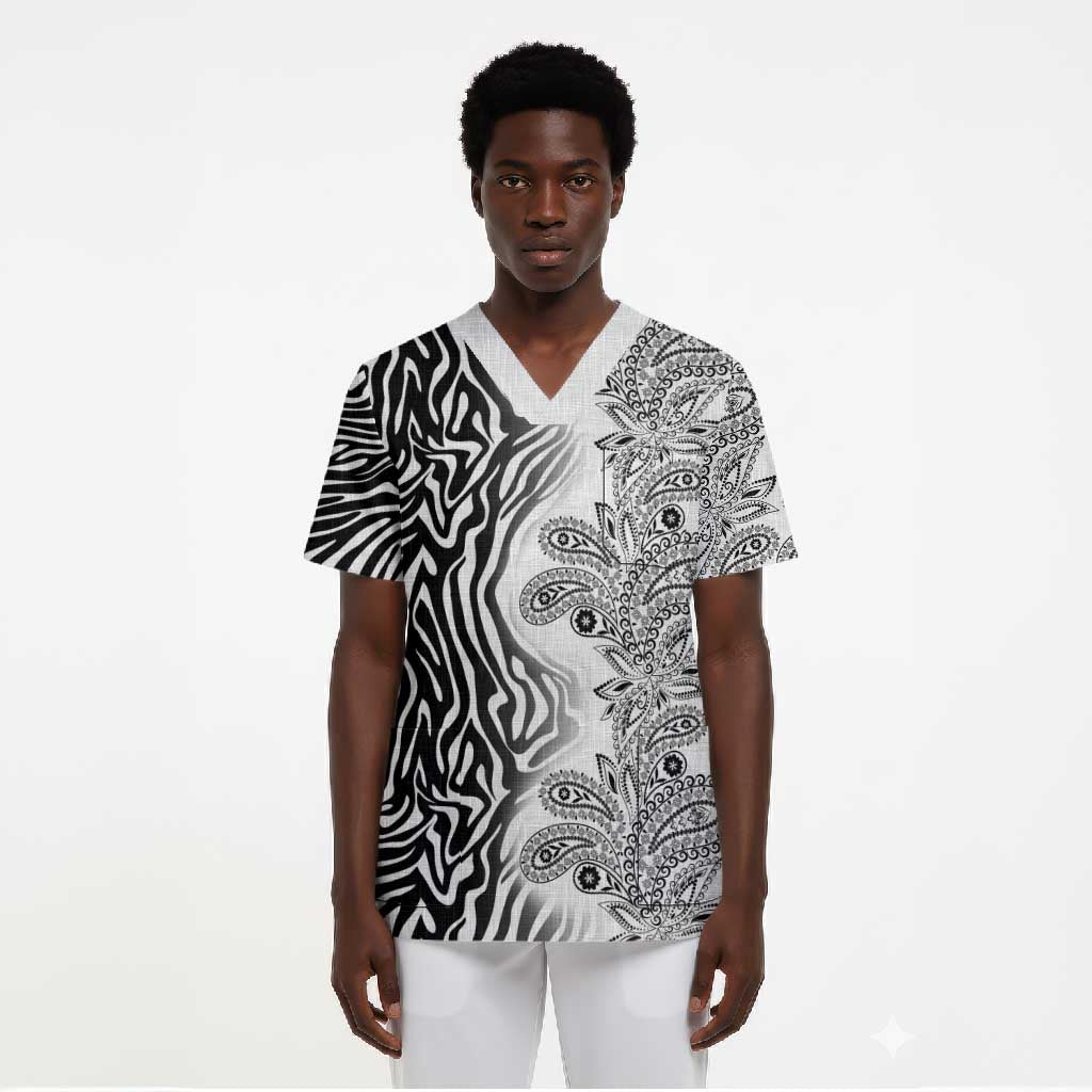 Africa Zebra Mix Paisley Tribal Pattern Scrub Top