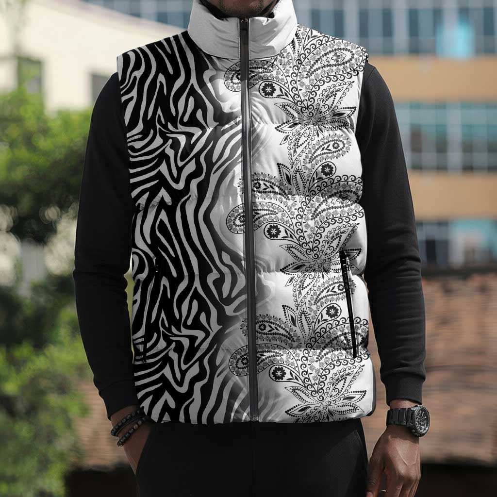 Africa Zebra Mix Paisley Tribal Pattern Sleeveless Puffer Jacket
