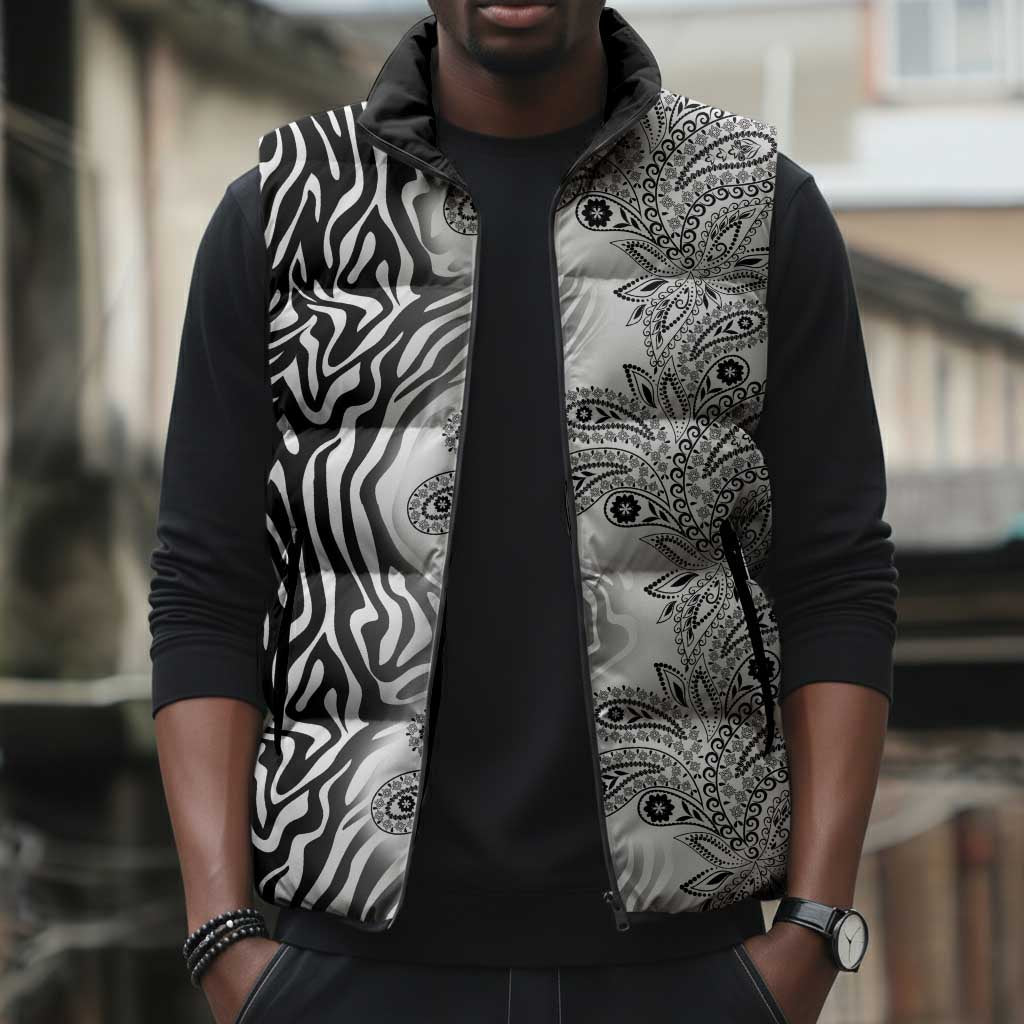 Africa Zebra Mix Paisley Tribal Pattern Sleeveless Puffer Jacket