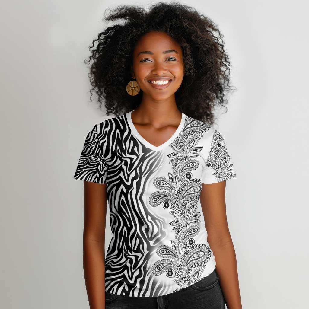 Afro Zebra Mix Paisley Tribal Pattern Women V-Neck T-Shirt