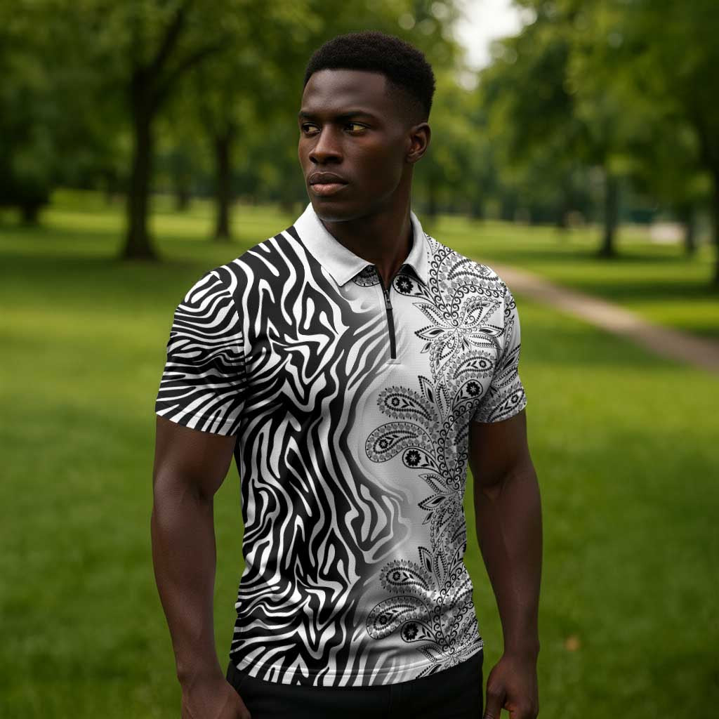 Africa Zebra Mix Paisley Tribal Pattern Zipper Polo Shirt