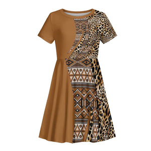 Afro Leopard Mix Native Tribal Pattern Kid Short Sleeve Dress