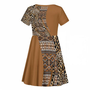 Afro Leopard Mix Native Tribal Pattern Kid Short Sleeve Dress