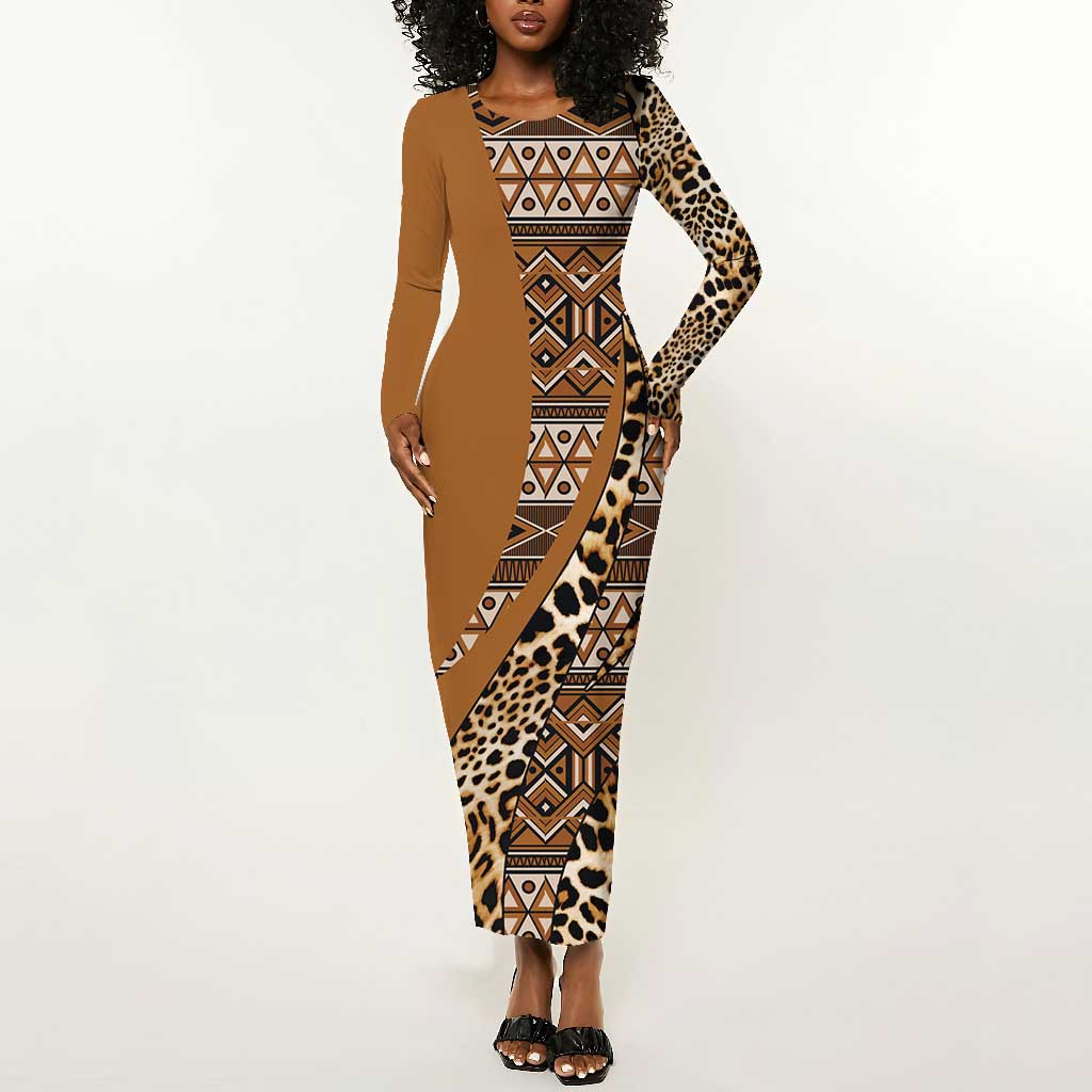 Afro Leopard Mix Native Tribal Pattern Long Sleeve Bodycon Dress