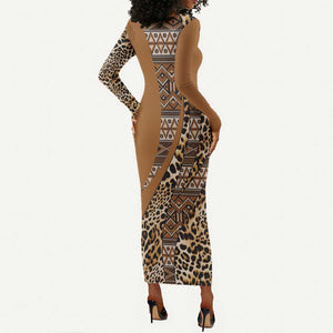 Afro Leopard Mix Native Tribal Pattern Long Sleeve Bodycon Dress