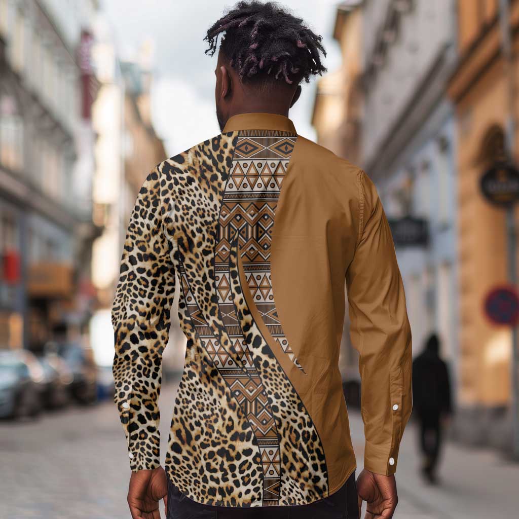 Afro Leopard Mix Native Tribal Pattern Long Sleeve Button Shirt