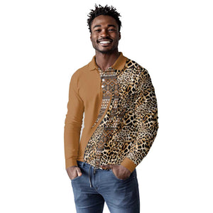 Afro Leopard Mix Native Tribal Pattern Long Sleeve Polo Shirt