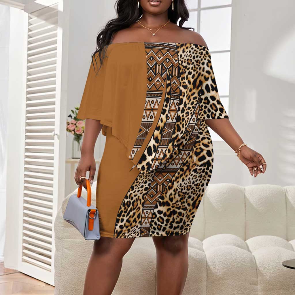 Afro Leopard Mix Native Tribal Pattern Off Shoulder Short Dress