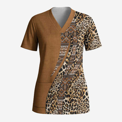 Africa Leopard Mix Native Tribal Pattern Scrub Top