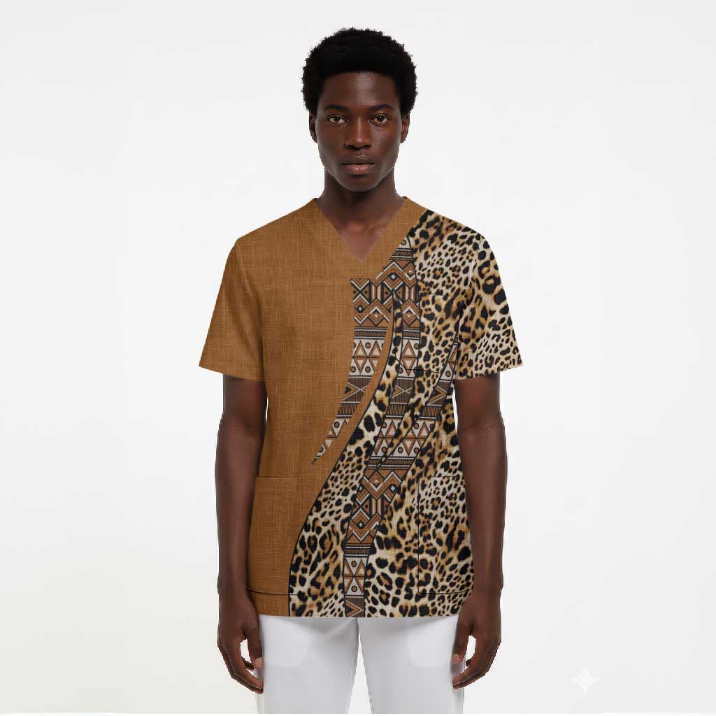 Africa Leopard Mix Native Tribal Pattern Scrub Top