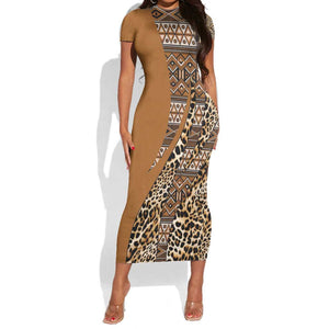 Afro Leopard Mix Native Tribal Pattern Short Sleeve Bodycon Dress