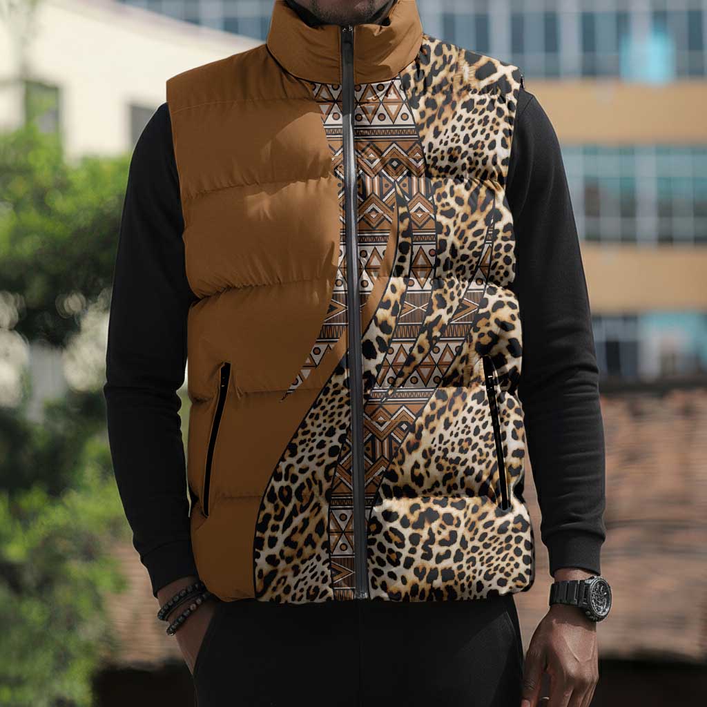 Africa Leopard Mix Native Tribal Pattern Sleeveless Puffer Jacket